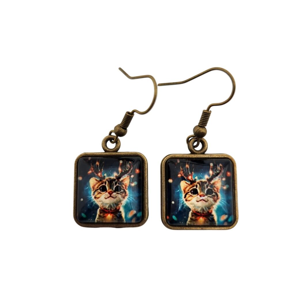 Orange Tabby Cat Antler Christmas Light Earrings